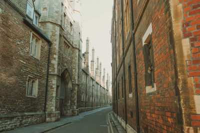 Narrow street amidst buildings against clear sky