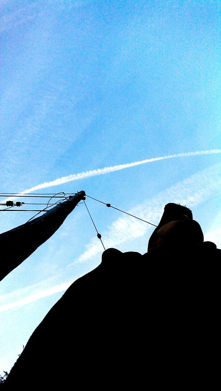 low angle view, silhouette, blue, power line, sky, built structure, cable, electricity pylon, architecture, connection, copy space, electricity, power supply, building exterior, clear sky, fuel and power generation, outdoors, nature, dusk, no people