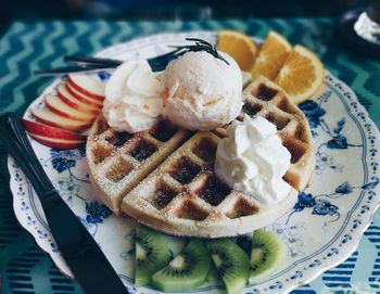 Close-up of dessert served on table