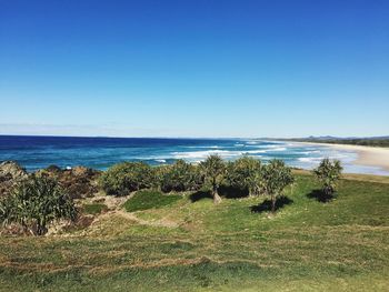 Scenic view of sea against clear blue sky