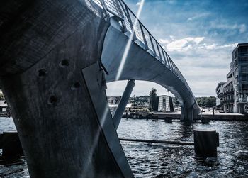 Bridge over river in city against sky