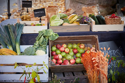 High angle view of freshly produce vegetables at market stall