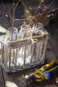 High angle view of glass container on table