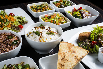 High angle view of food served on table