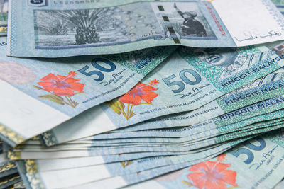 Close-up of malaysian paper currencies