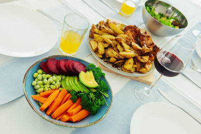 High angle view of food served on table