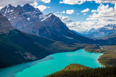 Scenic view of peyto lake with snowcapped mountains