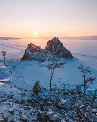 Scenic view of snow covered mountains against sky during sunset