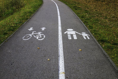 Bicycle lane sign and pedestrian lane sign painted on the road asphalt