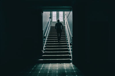 Rear view of man walking on staircase in building