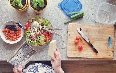 High angle view of food on cutting board