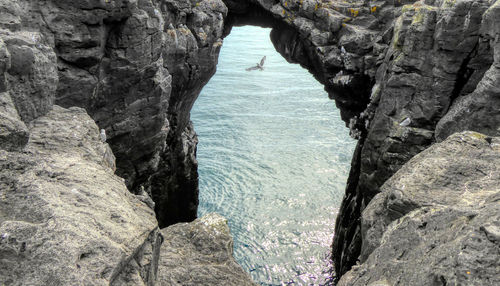 High angle view of natural rock arch on sea in arnarstapi