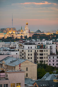 High angle view of buildings against sky at sunset. moscow. 