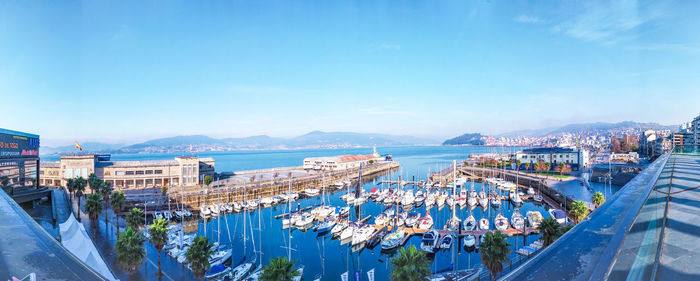 High angle view of city by sea against sky