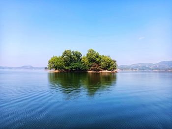 Scenic view of sea against clear blue sky