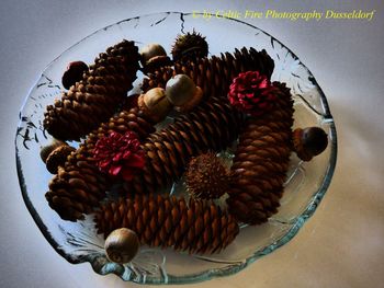 High angle view of dessert in basket on table