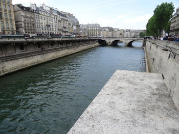 Bridge over river with buildings in background