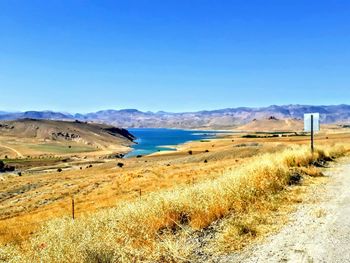 Scenic view of landscape against clear blue sky