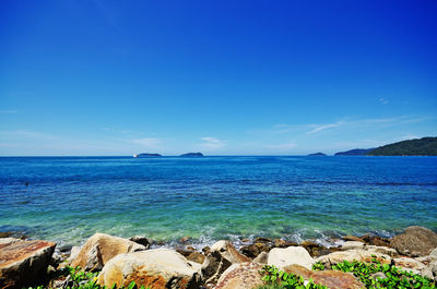 Scenic view of sea against clear blue sky