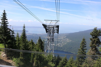 Overhead cable car over mountains against sky