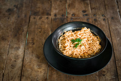 High angle view of noodles in bowl on table