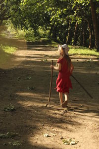 Rear view of girl walking on footpath amidst trees