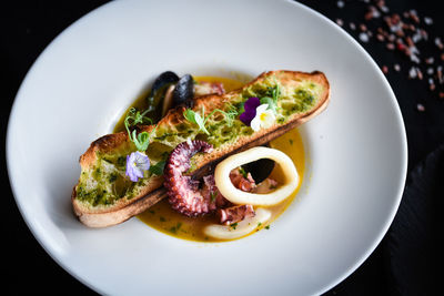 High angle view of food in plate on table