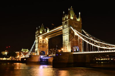 Low angle view of illuminated bridge at night