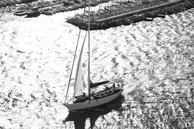 High angle view of sailboat in sea
