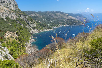 High angle view of bay against sky