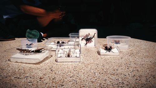 High angle view of people on table