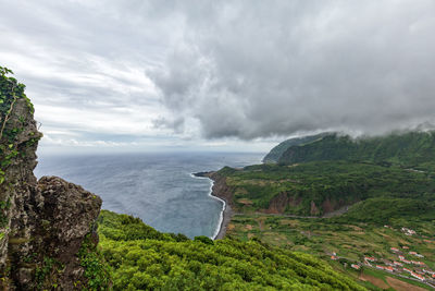 Scenic view of sea and mountains against sky