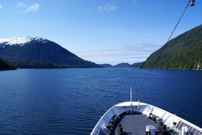 Scenic view of sea by mountains against sky, inside passage.