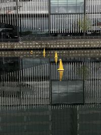 Metal fence against yellow water