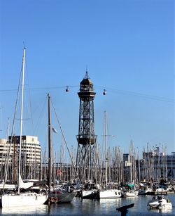 Boats in sea against clear blue sky