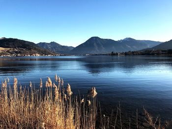 Scenic view of lake and mountains against clear blue sky