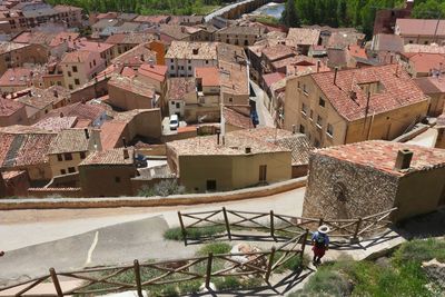 High angle view of houses in town