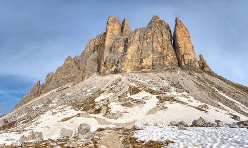 Low angle view of rocky mountain against sky