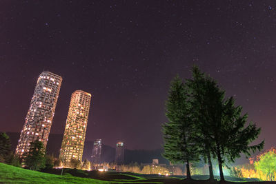 Low angle view of trees and illuminated buildings against sky at night