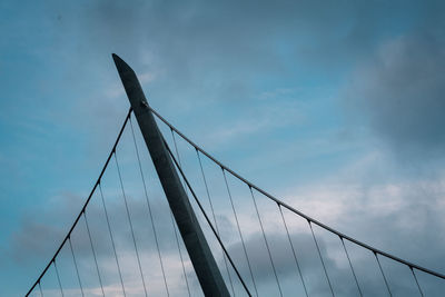 Low angle view of suspension bridge against sky