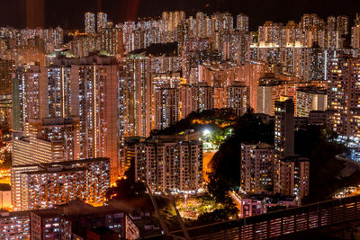 High angle view of illuminated buildings at night