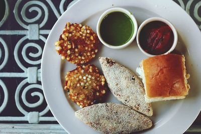 High angle view of food in plate on table