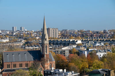 High angle view of buildings in city