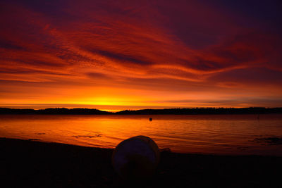 Scenic view of lake against orange sky