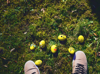 Low section of person with yellow easter eggs standing on grassy field