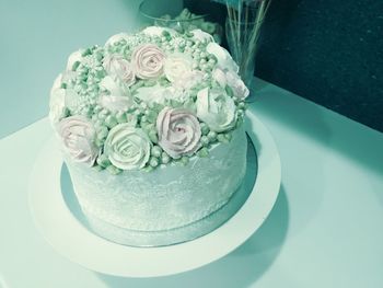 High angle view of rose bouquet on table