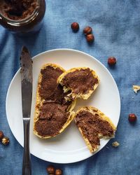 High angle view of breakfast served on table