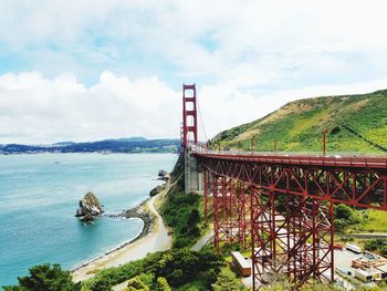 Golden gate bridge over bay against sky