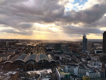 High angle view of cityscape against sky during sunset