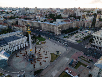 High angle view of street amidst buildings in city